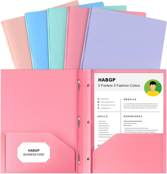 5-Pack Pastel Plastic Two-Pocket Folders with Prongs
