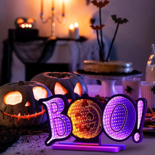 USB Halloween Tunnel Light “BOO!” 🎃 – Infinity Mirror Pumpkin Light with Orange & Purple LED Glow