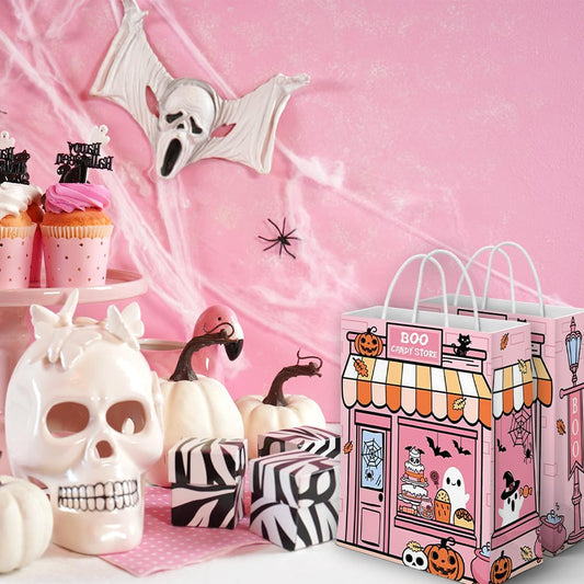 24-Pack Pink Halloween Candy Gift Bags with Handles – Boo Candy Shop Design, Double-Sided Print Party Favor Bags
