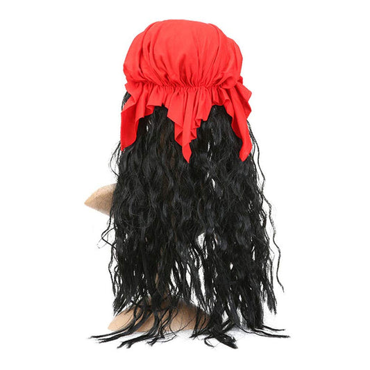 Black Pirate Wig with Red Bandana & Skull Eye Patch – Adult & Kids Halloween Pirate Costume Accessory Set