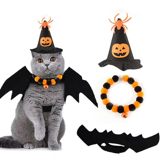 Colorful Cat Halloween Costume Set – Bat Wings & Spider Pumpkin Hat with Breakaway Collar for Cats & Small Dogs