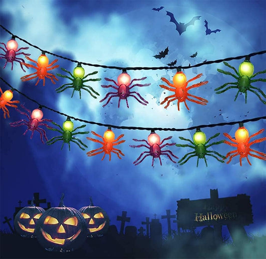 Multicolor Halloween Spider String Lights – 8.5ft Plug-In LED String with 10 Orange, Purple & Green Spiders (Connectable Indoor/Outdoor Décor)