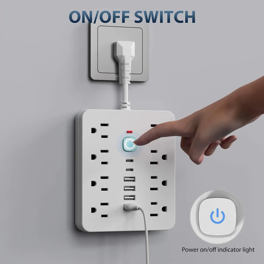 14-in-1 Wall-Mounted Power Strip with Overload Protection, One-Touch Control Switch, 8 AC Outlets & 6 USB Ports (Including 2 Type-C Ports) – Flexible Soft Cord Design for Office, Home, or School Use, Office Charging Hub | M - PulinGO