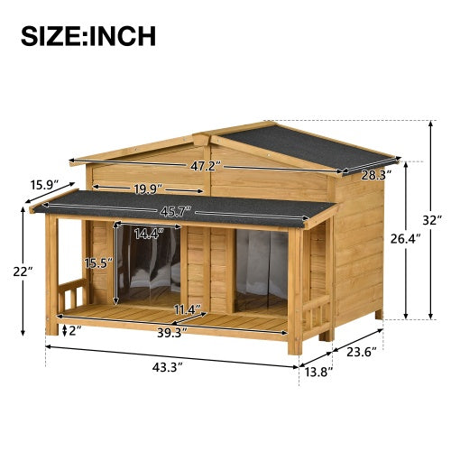 Large Wooden Dog House – Outdoor Hut Style with Porch & Dual Doors, Weatherproof Pet Shelter for Medium & Large Dogs