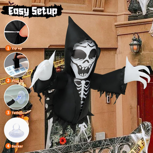 8FT Inflatable Grim Reaper Halloween Decoration – Lighted Blow-Up with Broom, Stakes & Blower for Yard Display