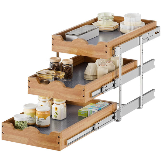 3-Tier Wooden Pull-Out Cabinet Drawer – Vertical Slide-Out Storage System for Kitchen, Pantry & Bathroom