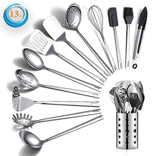 13-Piece Stainless Steel Kitchen Utensil Set with Mirror Finish & Holder – Silver