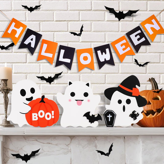 Cute Wooden Ghost Decor Set – 3-Piece Halloween Tabletop Decorations in Orange, Black & White
