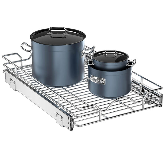 Slim Pull-Out Cabinet Organizer – 1-Tier Silver Sliding Wire Shelf for Kitchen, Bathroom & Pantry