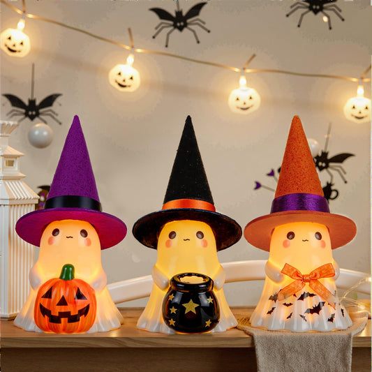 Set of 3 Ceramic Ghost Figurines with Colorful Hats – Cute Halloween Tabletop Decorations for Home, Mantel & Party