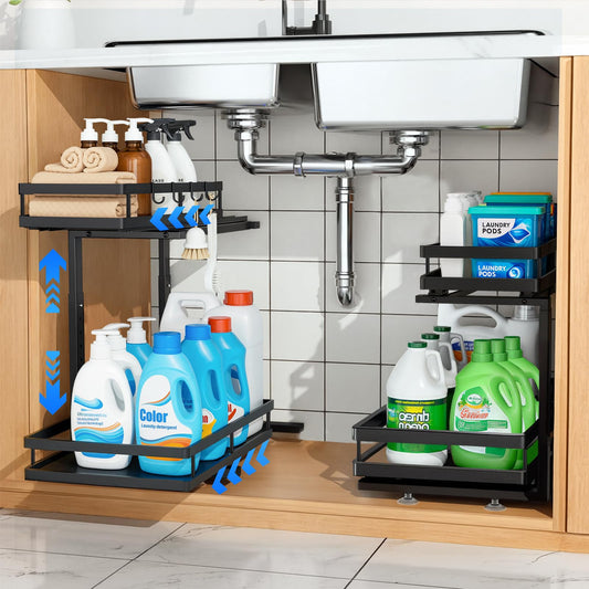 Heavy-Duty Under Sink Organizer with Dual-Rail Ball Bearings – 2-Tier Adjustable Pull-Out Storage, No-Drill Installation (Matte Black, 2-Pack)