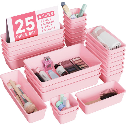 25-Piece Pink Drawer Organizer Set – Stackable Plastic Storage Trays for Makeup, Jewelry, Office & Kitchen Drawers