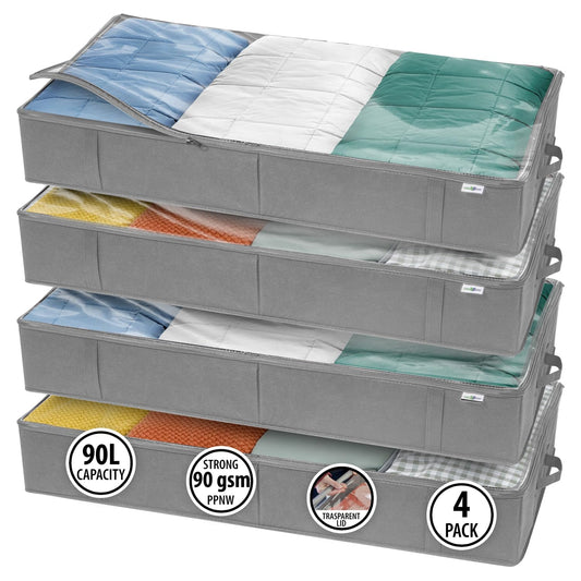 Under Bed Storage Containers (4-Pack) – Large Capacity Fabric Bins with Clear Lids for Clothes, Bedding & Closet Organization