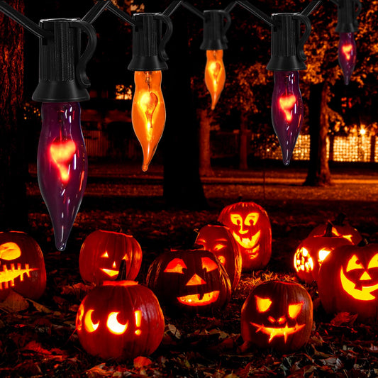 Halloween Flickering Flame String Lights – 12.8Ft, 10 Orange & Purple Bulbs with Black Wire, UL Certified Outdoor Décor