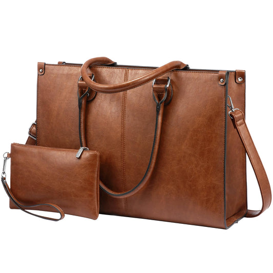 LOVEVOOK Vintage Leather Laptop Tote Bag for Women – 15.6” Large Capacity Work & Business Shoulder Handbag (Dark Brown)