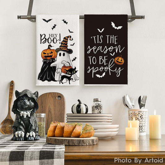 Artoid Mode Halloween Dish Towels – 2-Pack “Ghost” Pattern Kitchen Tea Towels (18x26”, Highly Absorbent & Machine Washable)
