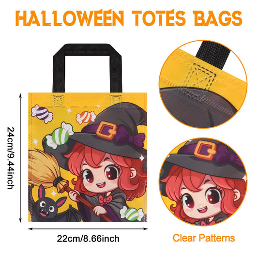 24-Pack Halloween Tote Bags with Handles – 6 Colorful Designs (Witch, Cat, Bat, Ghost & Pumpkin) for Trick-or-Treat & Gifts
