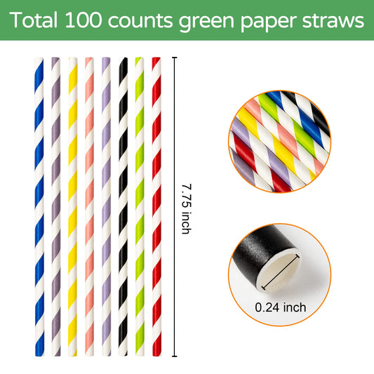 Black & White Stripe Paper Straws – 100PCS 7.75” Biodegradable Eco-Friendly Drinking Straws for Parties & Daily Use