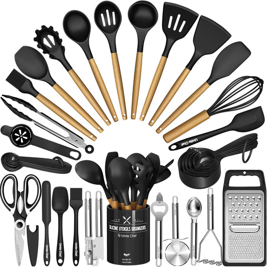 34-Piece Silicone Kitchen Utensil Set with Holder – BPA-Free, Stainless Steel Core (Black)