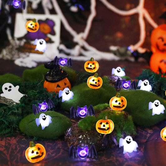 10Ft Halloween String Lights – 30 LED White, Yellow & Purple Pumpkin, Bat & Ghost Lights, Battery Operated