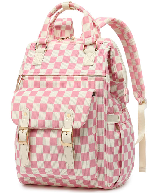 LRENAGAO Corduroy Laptop Backpack for Women & Girls – 15.6” Lightweight School & Travel Daypack – Checkered Pink
