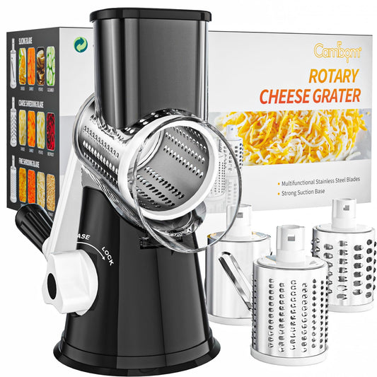 Manual Rotary Cheese Grater with 3 Stainless Steel Blades – Suction Base Food Shredder