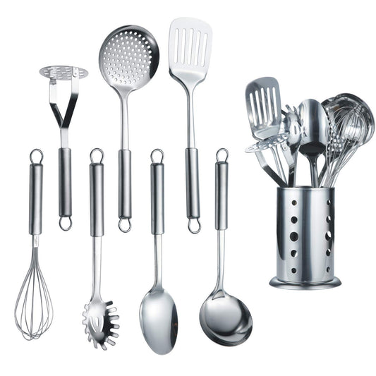 8-Piece Stainless Steel Cooking Utensil Set with Mirror Finish – Durable, Rust-Resistant & Dishwasher Safe