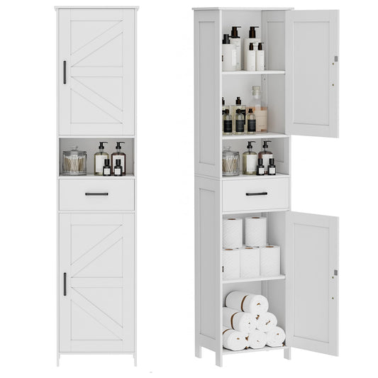 HOMHEDY 67" Tall Bathroom Storage Cabinet – Slim Floor Cabinet with Barn Doors, Drawer & Adjustable Shelves (White)