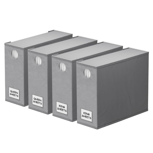 Bed Sheet Organizer Set (4-Pack) – Foldable Linen Storage with Window & Labels for Queen and King Bedding