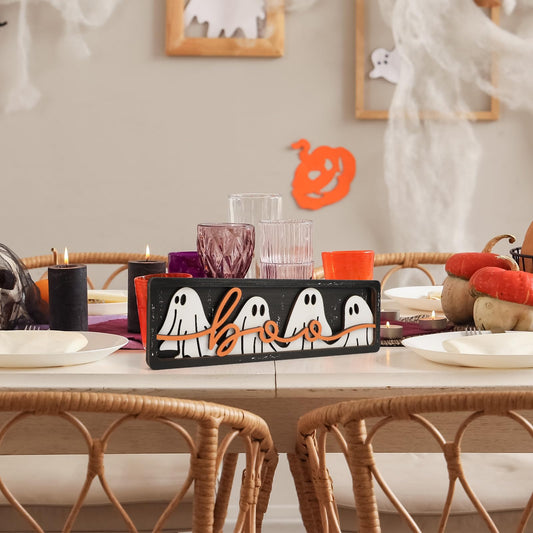 Wooden “BOO” Sign Halloween Decor – Vintage Ghost-Themed Tabletop Decoration for Home, Mantel & Shelf