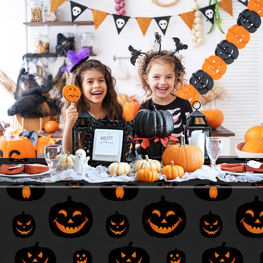 Halloween Tablecloths – 3 Pack Black Evil Pumpkin Plastic Table Covers (54 x 108 Inches)
