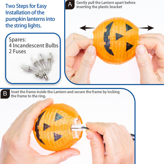 Fabric Halloween Pumpkin Lantern String Lights – 9.8FT Plug-In Jack-O’-Lantern Lights with Warm White Glow, UL Certified & Waterproof (10 Lanterns)