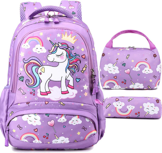 Purple Unicorn School Backpack Set with Lunch Bag