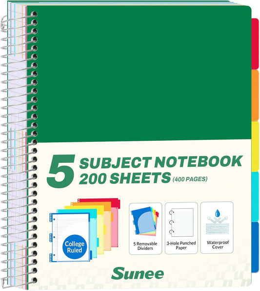 All-in-One Study Notebook with 5 Pocket Dividers, 400 College Ruled Pages and Binder-Ready Sheets