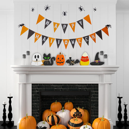 Halloween Wooden Tiered Tray Decor Set – 6PCS Rustic Signs (Pumpkin, Ghost, Cat, Bat, Witch Hat & Candy Corn)