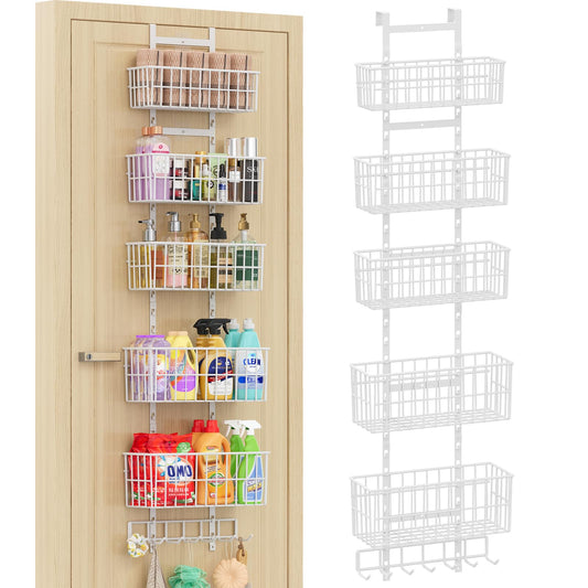 Hongtamoya Adjustable Over-the-Door Metal Organizer – 5 Wire Baskets & 7 Hooks for Pantry, Closet & Bathroom (White)