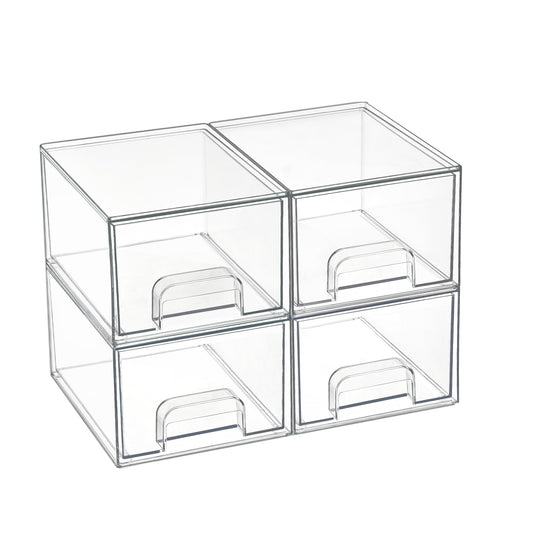 Clear Stackable Drawer Organizer Set (4-Pack) – Pull-Out Storage Drawers for Bathroom, Kitchen, Vanity & Pantry