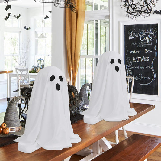Light-Up Standing Ghost Decorations – 20" White Glowing Halloween Figures with Fabric & LED String Lights (Set of 3)