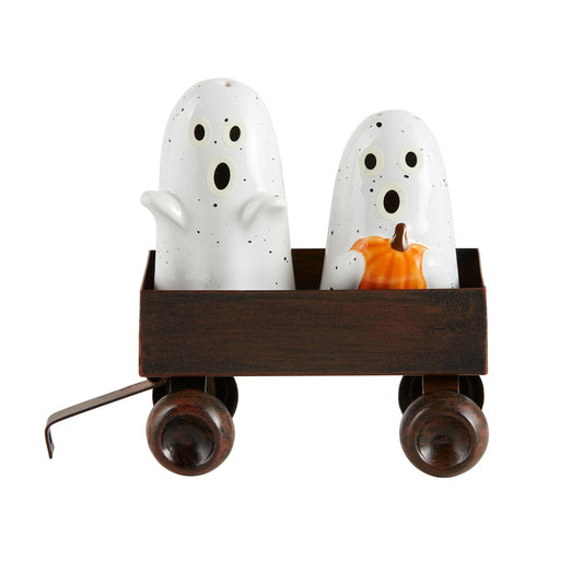 Ghost Glow Salt & Pepper Shaker Set – Hand-Painted Ceramic Ghosts with Glow-in-the-Dark Faces & Tin Wagon Caddy