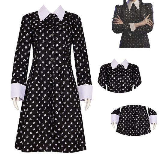 Women’s Black Lapel Dress with White Floral Print – Vintage Gothic Style for Halloween & Daily Wear