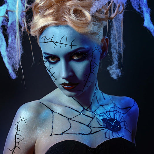 Blue Stitched Halloween Costume Set – Scar Gloves, Stockings, Tattoos & Body Paint 💙🩹