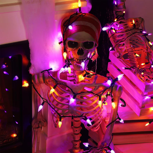 Halloween Orange & Purple C6 String Lights – 100 LED, 42.8ft, 8 Modes, Waterproof, Indoor/Outdoor Spooky Décor