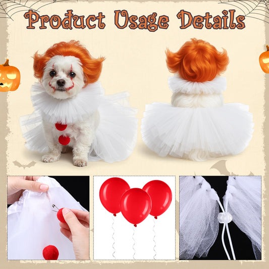 Dog Clown Halloween Costume – Red & White Pet Outfit with Neck Ruff, Skirt, Pompons, Balloons & Adjustable Straps