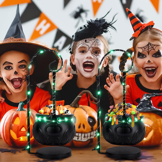 Witch Cauldron Candy Bowl with Light & Stand – 8” Black Halloween Pot Decoration