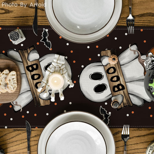 Black Halloween Table Runner – 13x72" Durable Polyester Runner with Spooky Print for Dining & Parties
