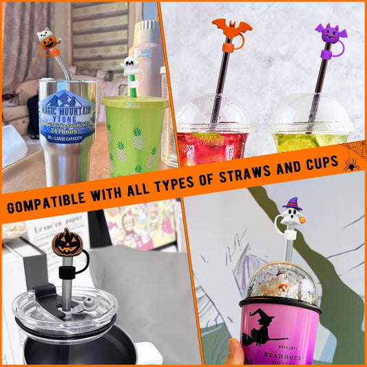 9 Pcs Halloween Silicone Straw Toppers – Pumpkin, Ghost & Bat Covers for Stanley 30/40oz Tumblers