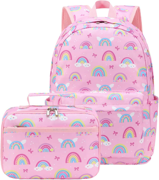 Pink Rainbow School Backpack Set with Matching Lunch Bag