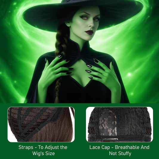 Brown Braided Witch Wig – Heat-Resistant Long Braid Elphaba Style Hair for Cosplay & Halloween 🧙♀️✨