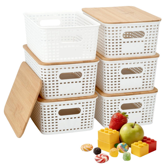 Stackable Storage Bins with Vented Lids – 5.1 Qt BPA-Free Organizer Set (6-Pack, Natural)