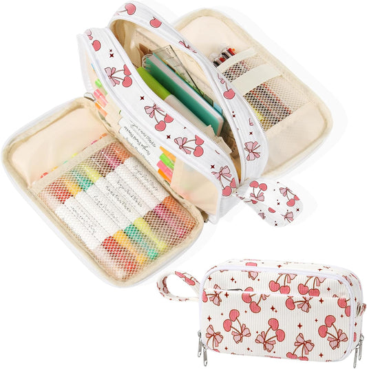 White Cherry Corduroy Large-Capacity Pencil Case